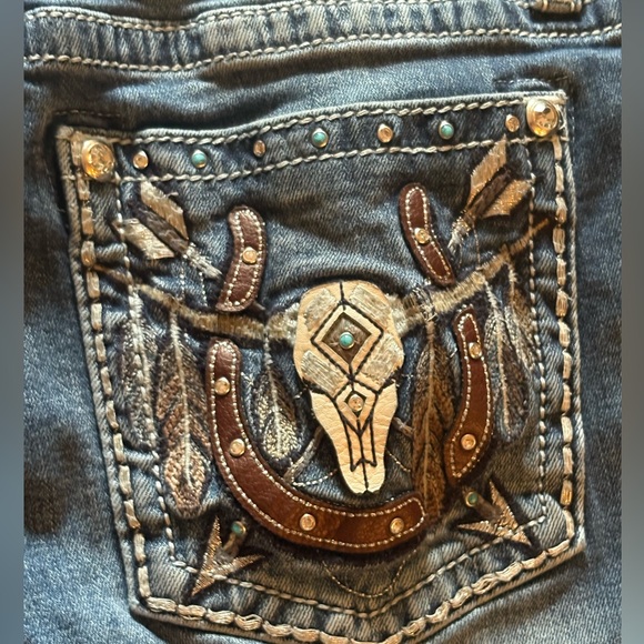 Miss Me Western Mid Rise Flare Jeans Longhorn Horseshoe Turquoise Size 36 - Picture 9 of 13